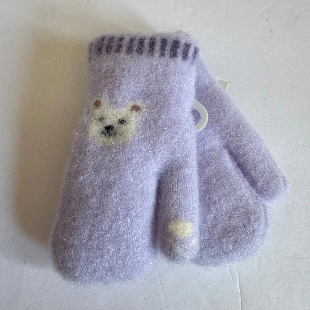 Kids Polar Bear Knit Mittens Purple Fuzzy Winter Gloves NWT